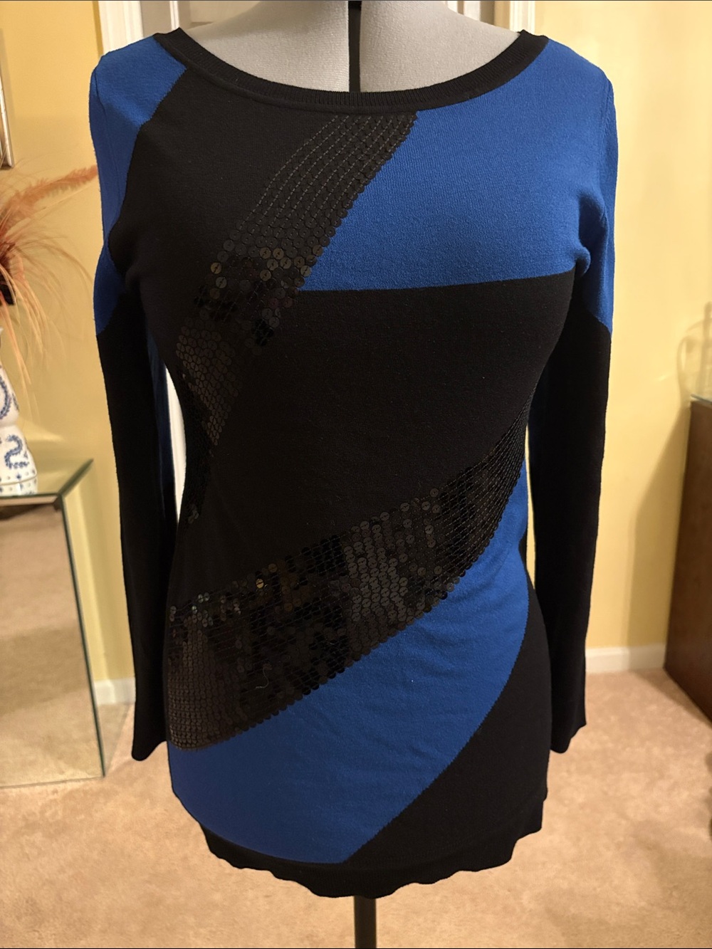 Black and Royal Blue Long-Sleeve Sequin Accent Tunic
